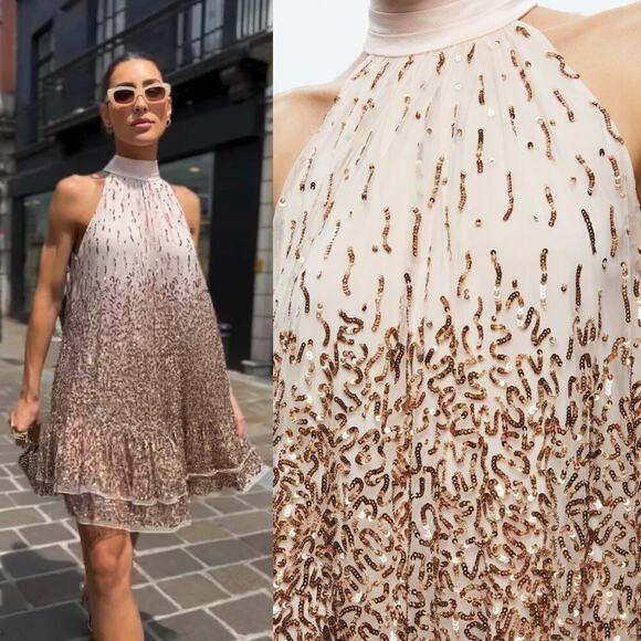 Alice + Olivia Zenon Cape Mini Dress Sequin-Embellished Rose Gold Size US 2 - Picture 6 of 10